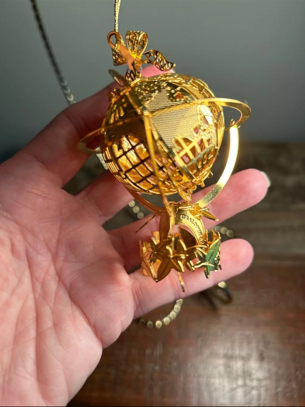 RARE Vintage Baldwin Brass 24k Gold Plt. 3D Millennium Globe Christmas Ornament